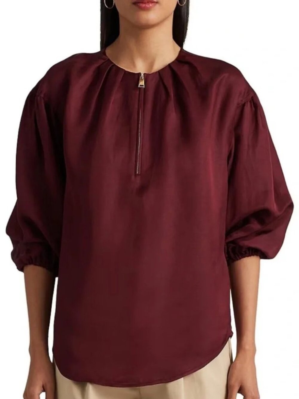 LAUREN Ralph Lauren Shantung Blouson-Sleeve Burgundy Blouse, Size L